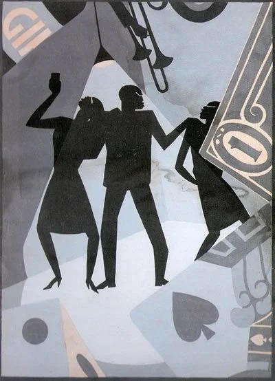 The Prodigal Son, 1927.
Created in 1927, The Prodigal Son reflects Aaron Douglas’s Harlem Renaissance synthesis of biblical narrative and modern urban experience. The silhouetted figures—set amid angular playing cards, a trumpet, and layered geometri