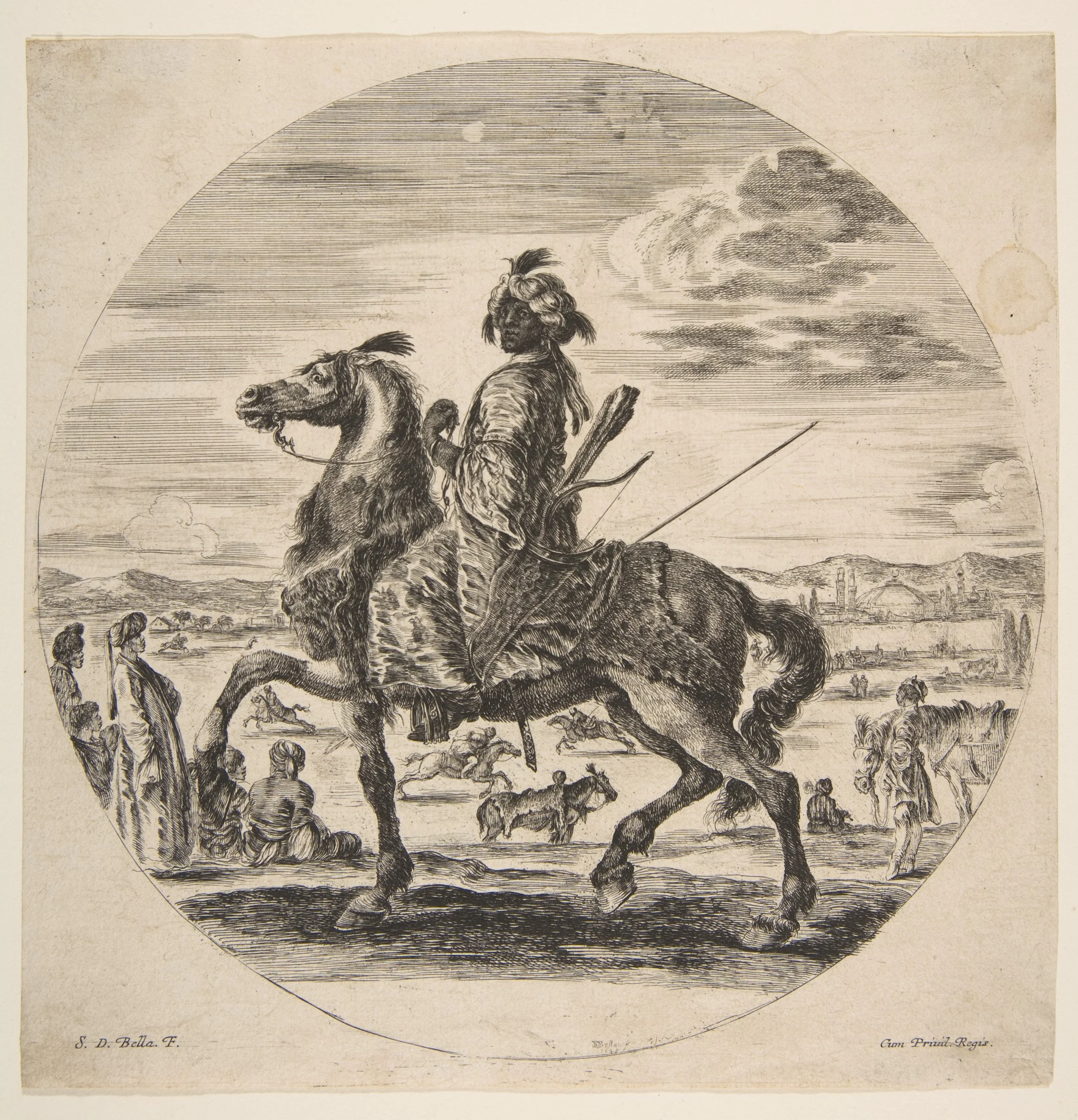A Moorish horseman facing the left, standing and seated Turks in the middle ground, and other horsemen in the background, from 'Figures on Horseback' (Cavaliers nègres, polonais et hongrois)
Stefano della Bella, ca. 1651