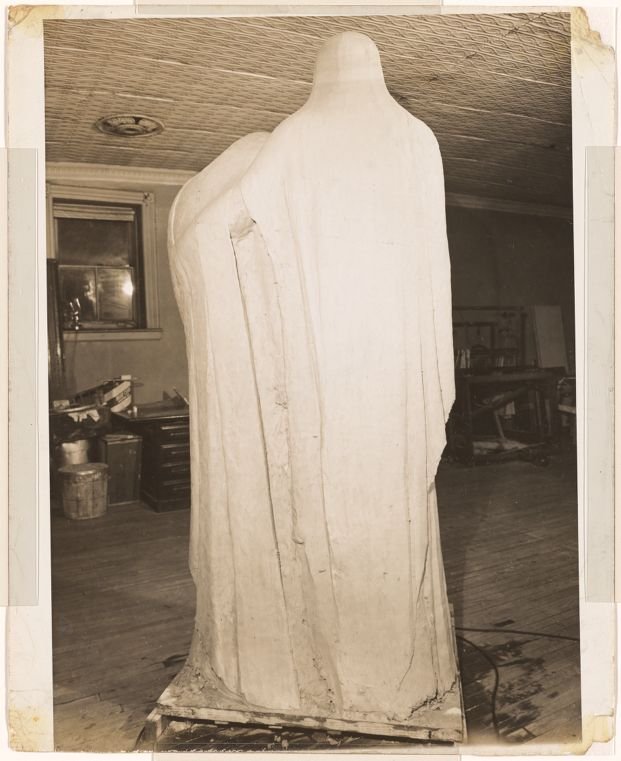 Augusta Savage's unfinished sculpture "After the Glory" in her studio (her attempt to create a war memorial to African American military service)  — source: Schomburg Center for Research in Black Culture, Photographs and Prints Division, The New York