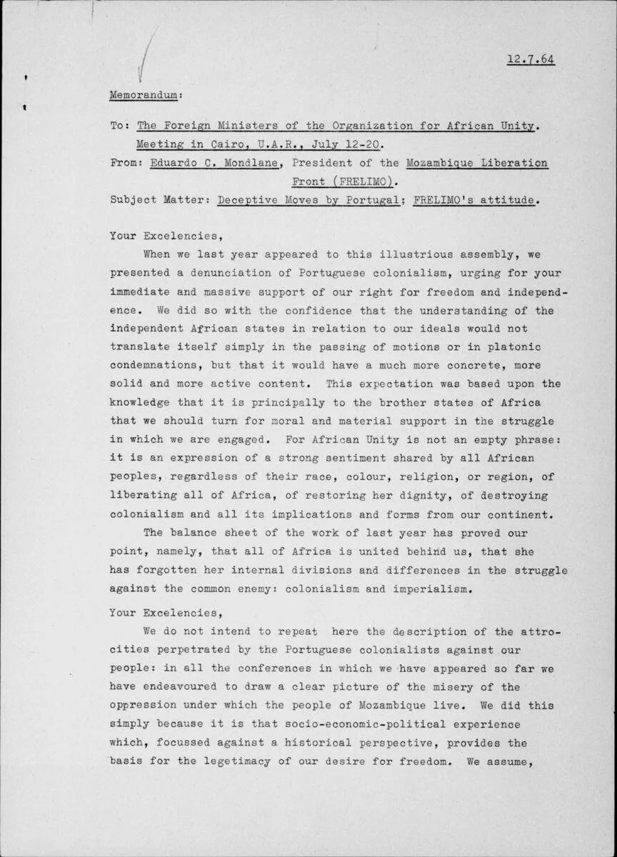 Memorandum: To the Foreign Ministers of the Organization for African Unity — July.1964