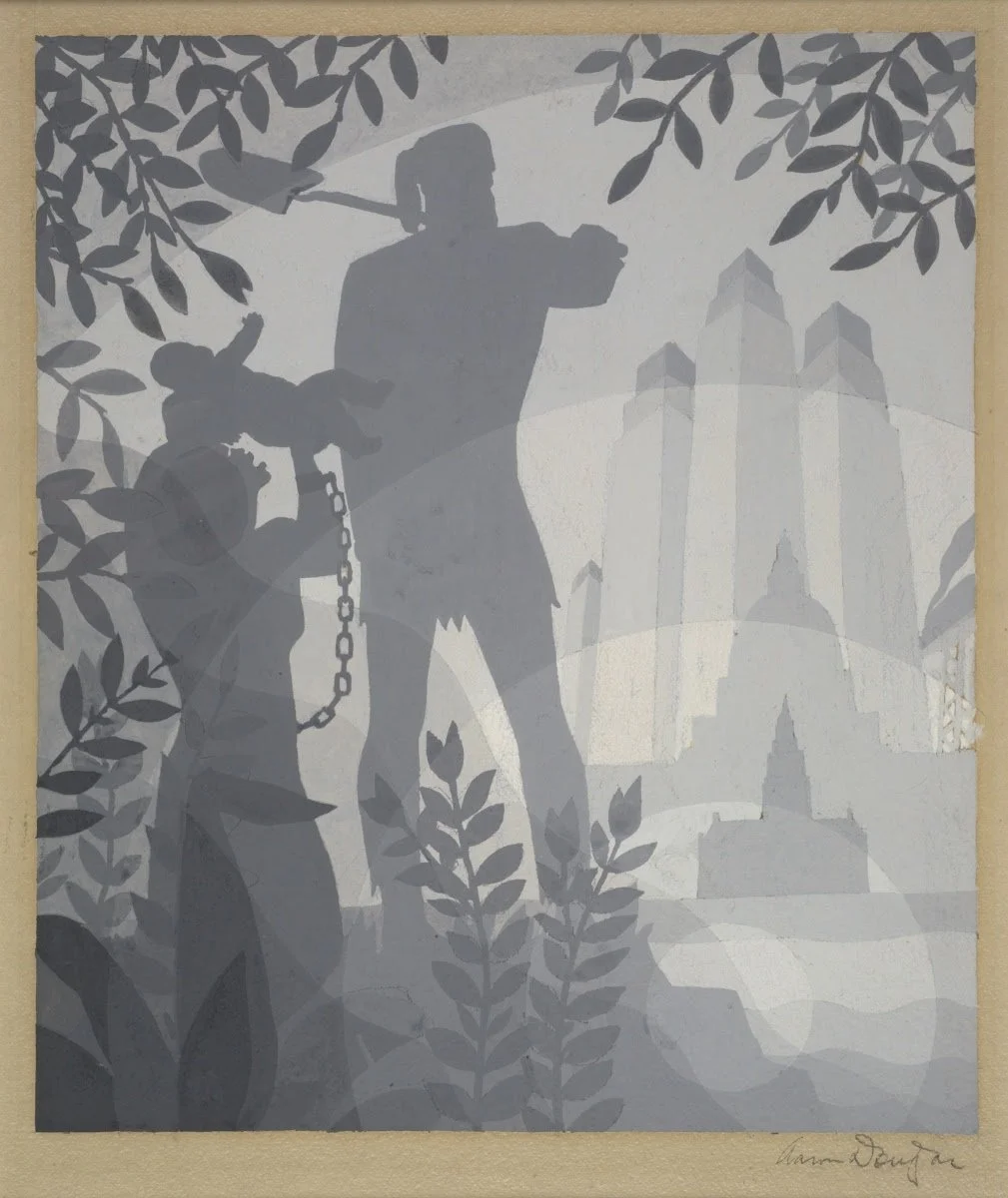 The Founding of Chicago, n.d.
In The Founding of Chicago, Aaron Douglas reimagines the city’s origins through his signature silhouetted figures and layered tonal gradations. A central standing figure dominates the foreground, framed by foliage and ho