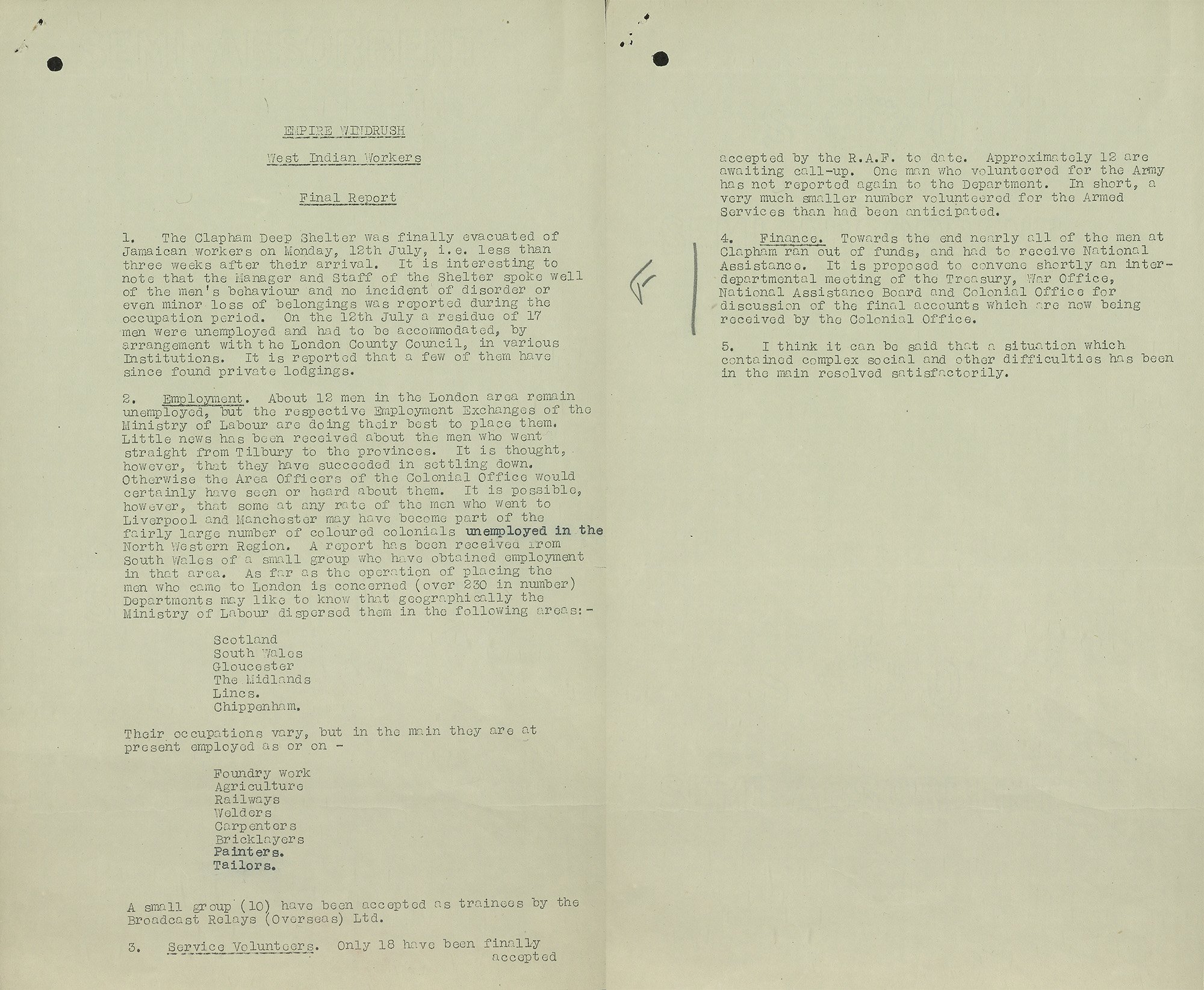Final report from National Assistance Board on the dispersal of Windrush arrivals, 1948. Catalogue ref: AST 7/1125. The National Archives. 