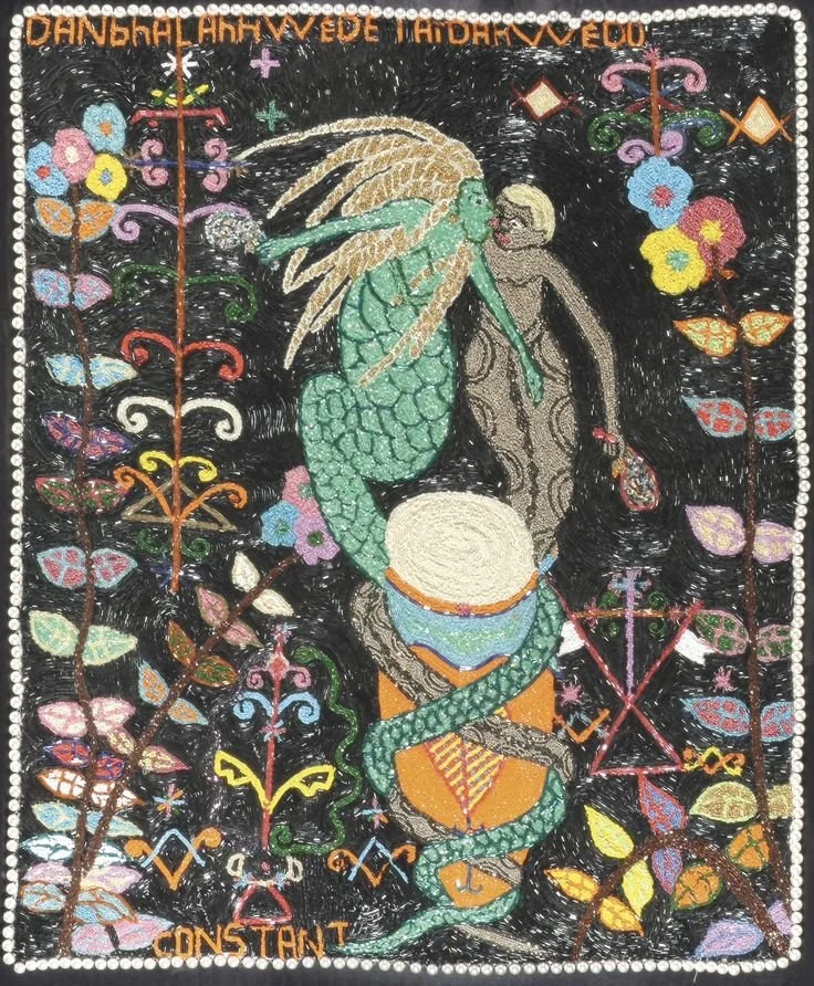 Constant, Myrlande. (ca. 1990s).  Danbhalah Hwéd et Aïdah Wédo [Sequins, foam, textile, and beads].  Collection of Nancy Josephson.