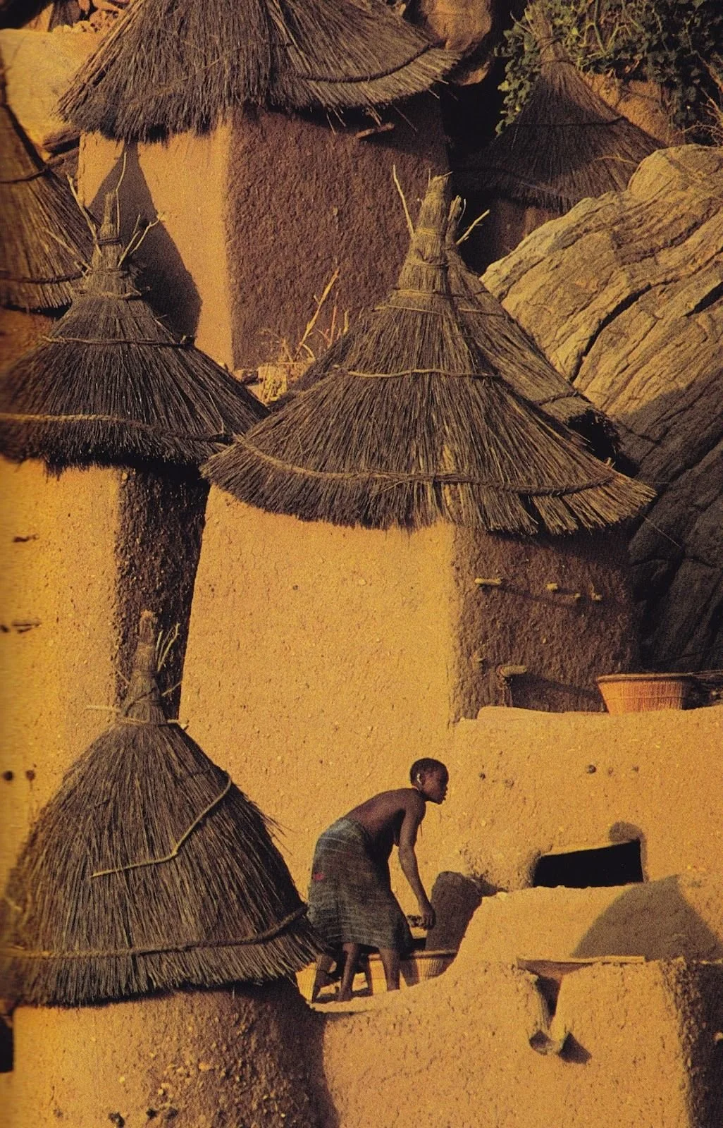 Dogon village in Mali, West Africa, showing a man storing millet in a traditional granary. 