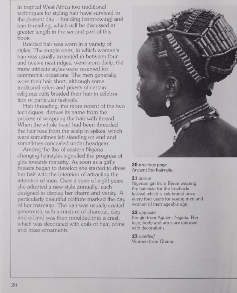 Sagay, Esi. African Hairstyles: Styles of Yesterday and Today. London; Exeter, N.H., USA: Heinemann Educational Books, Internet Archive, 1983. (Page 20)