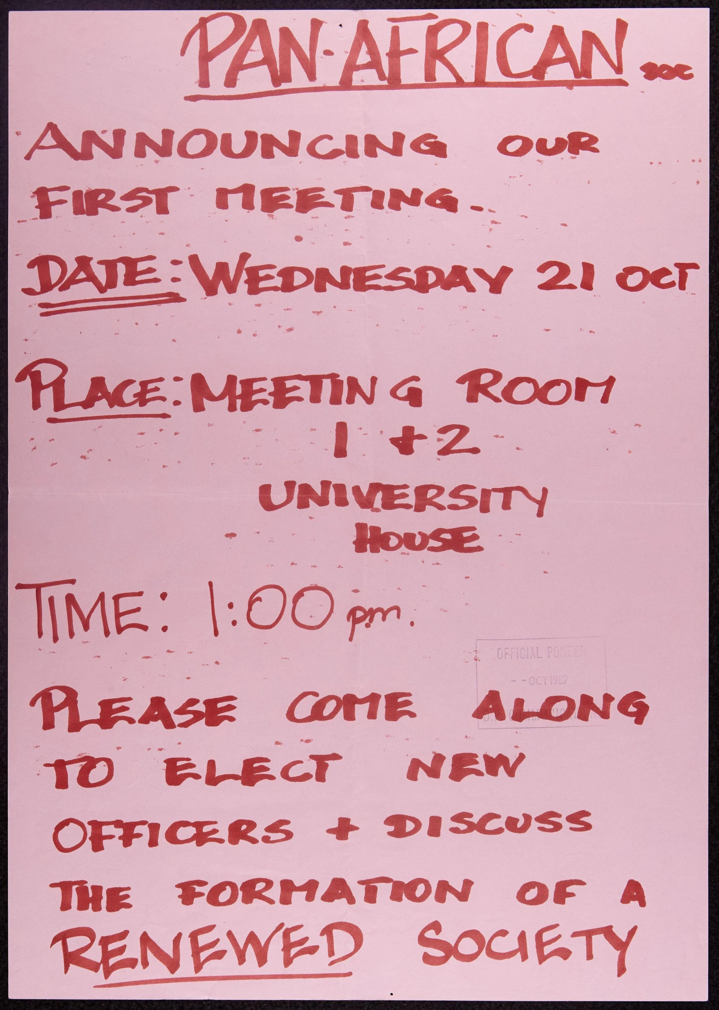 University of Salford Students Union. Pan African Society First Meeting. nd. https://jstor.org/stable/community.34588064.
