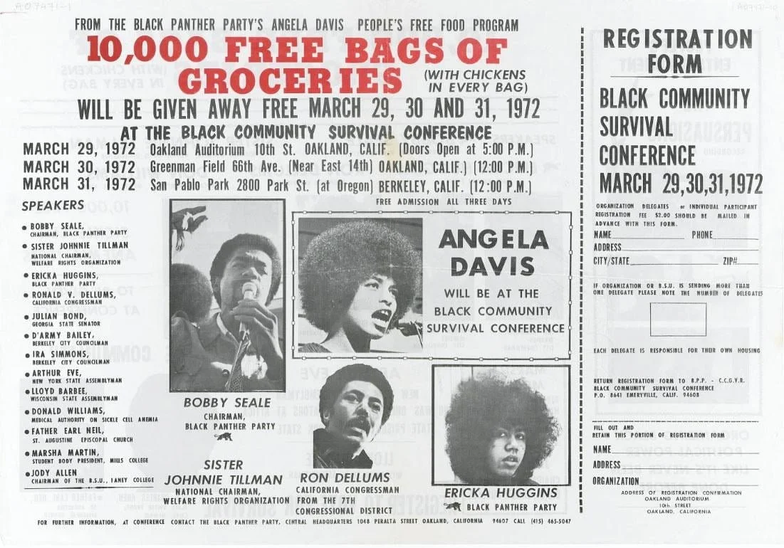 Flier for the 1972 Black Community Survival Conference with promotion provided by the Black Panther Party's Angela Davis People's Free Food Program. 