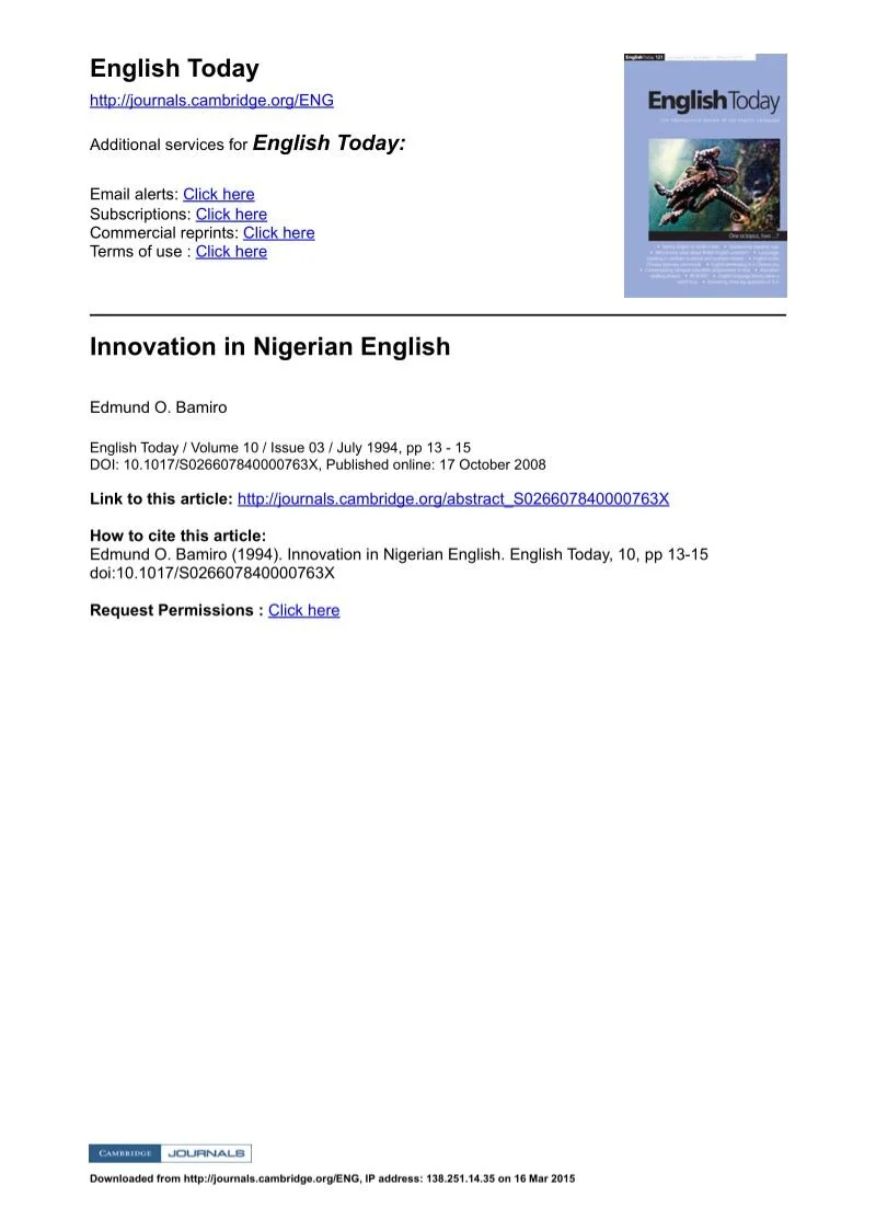 Innovation in Nigerian English by Edmund O. Bamiro