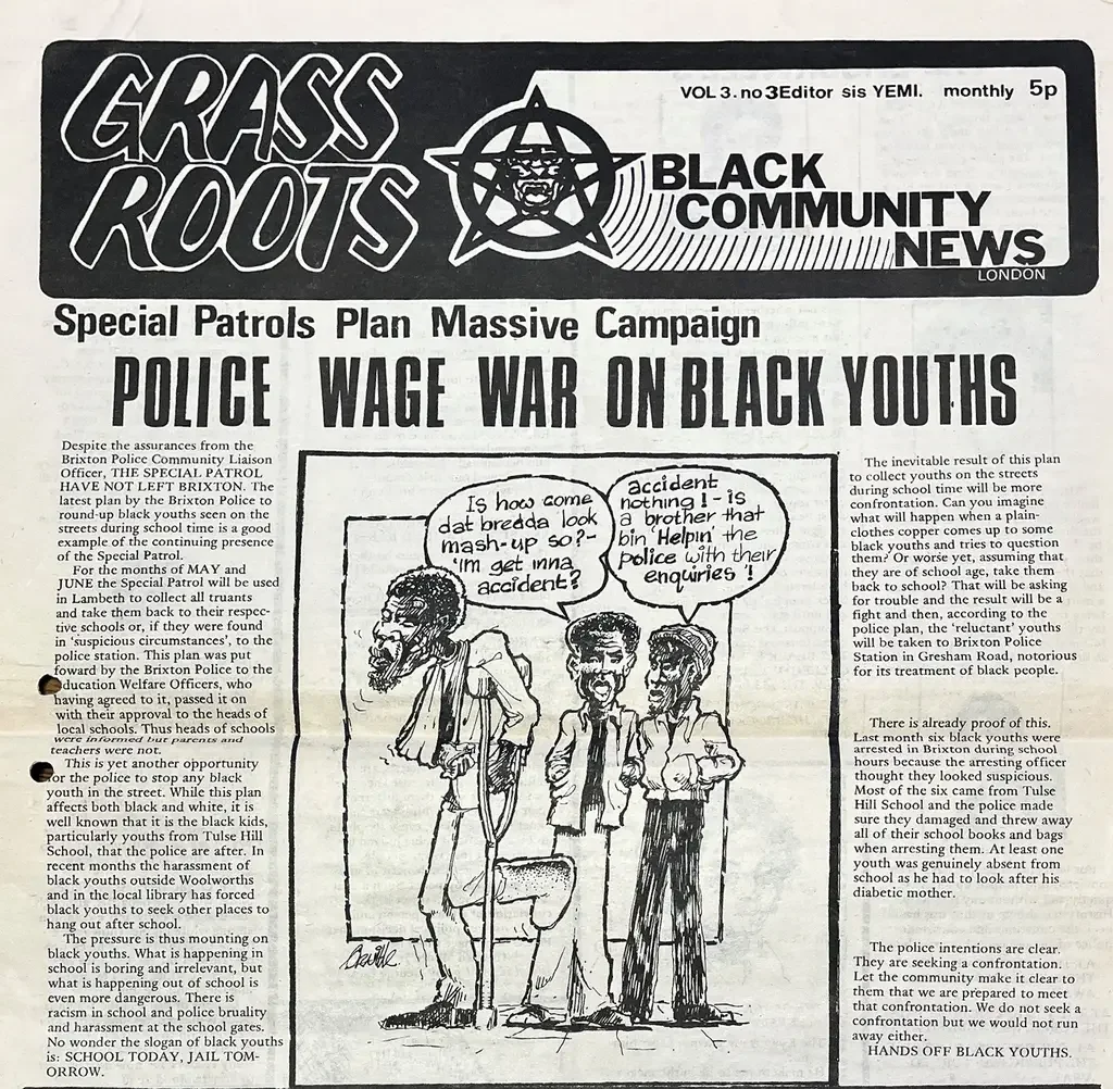 Grass Roots
The front page of volume 3 of Grass Roots newspaper, there is a cartoon under 'Black Community News'
Date
1973–1975
Catalogue reference
CK 2/1212
Grass Roots was a monthly community newspaper organised by the Black Liberation Front, who d