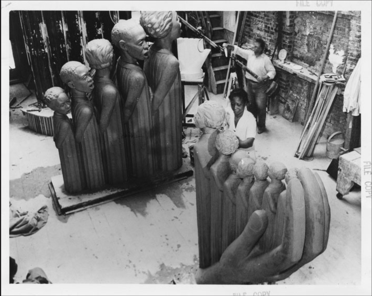 Augusta Savage making 'Lift Every Voice and Sing (The Harp)"  — Source: Searchable Museum, “Augusta Savage’s Monument”