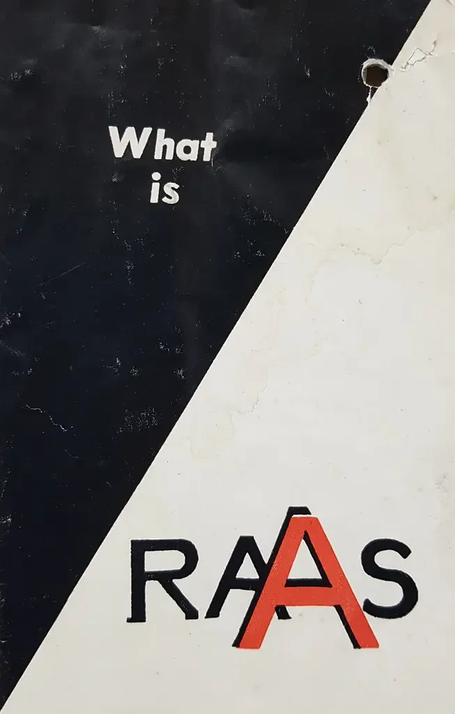 RAAS
The front cover of a Michael X's pamphlet with the title 'What is RAAS' written across it.
Date
1970
Catalogue reference
MEPO 28/4
The Racial Action Adjustment Society, or RAAS, was the brainchild of Michael X.
Born Michael de Freitas in Port of