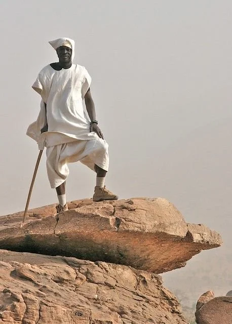 A Dogon man in white garments stands on a rocky outcrop, holding a walking stick.
