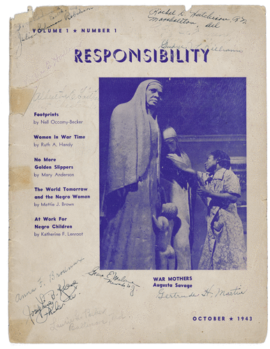 Augusta Savage working on War Mothers, cover of Responsibility 1, no. 1 (October 1943), box 1, folder 4, Augusta Savage papers, Sc MG 731, Manuscripts, Archives and Rare Books Division, Schomburg Center for Research in Black Culture, The New York Pub