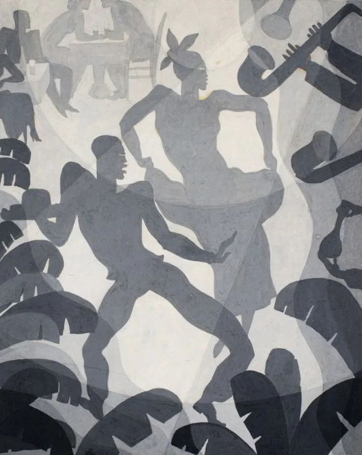 The Dance, n.d. In The Dance, Aaron Douglas captures the rhythmic vitality of Black cultural expression through silhouetted figures in motion, surrounded by stylized foliage and musical instruments. The composition emphasizes elongated limbs, angular