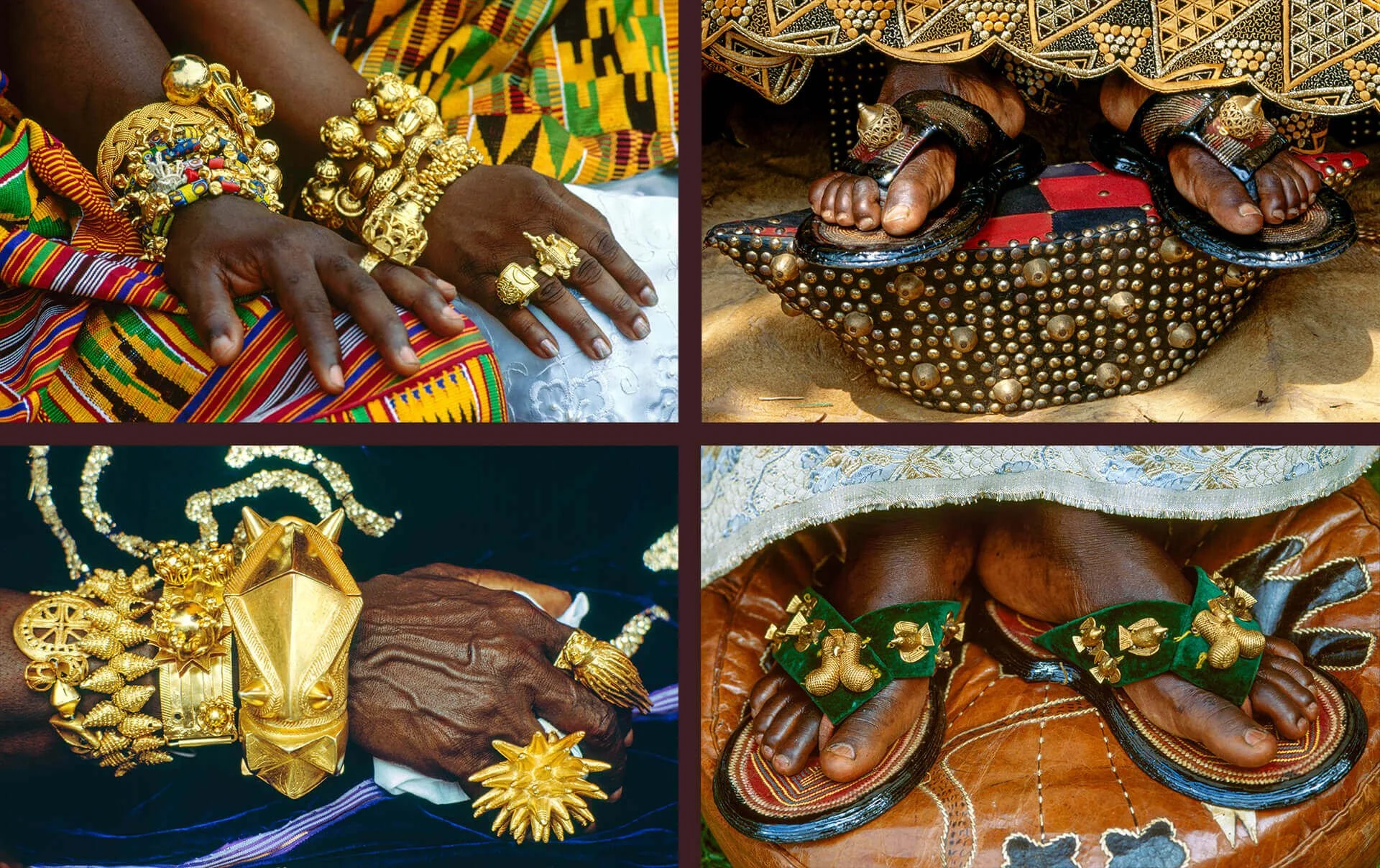 Details of Ashanti adornments, Ghana. Top left: Gold jewelry worn by Asante royal guests during Jubilee celebrations reflects not only wealth but layered cultural meaning and status. Bottom left: Rings worn by an Asante chief include a starburst form