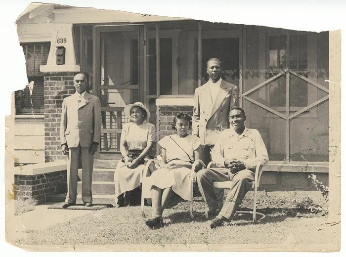 The Princetta R. Newman Collection of Family Photographs, Tulsa, Oklahoma. (n.d.-a). Photographic print of 3 men and 2 women sitting in front of Jack’s Memory Chapel, April 3, 1948. Collection of the Smithsonian National Museum of African American Hi