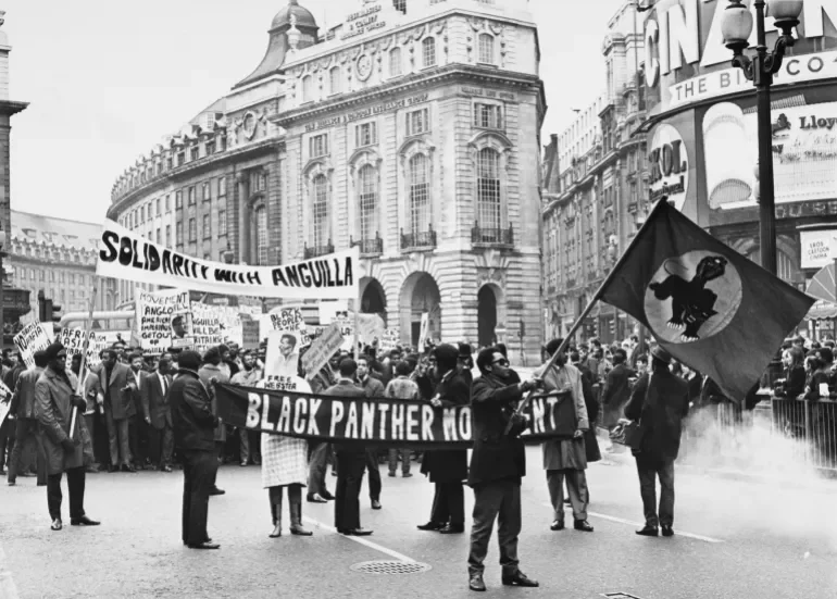  A protest in solidarity with Anguilla against the British invasion of the island, supported by the Black Panther Movement, at Piccadilly Circus in London on March 24, 1969 [Daily Express/Pictorial Parade/Hulton Archive/Getty Images]