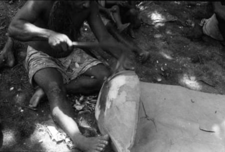 Adzing a bowl. Photographed by James L.O. Tedder in 1974. Sourced from the Pacific Manuscript Bureau.