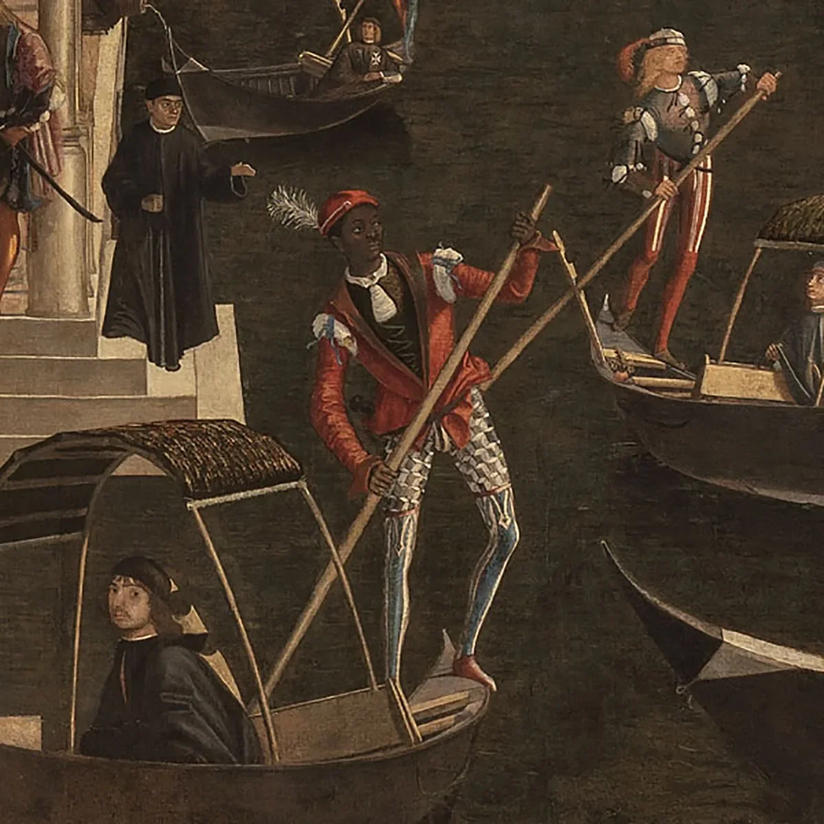 Detail from the painting "The Miracle of the Relic of the Cross at the Ponte di Rialto" by the Italian Renaissance artist Vittore Carpaccio, created around 1496. 