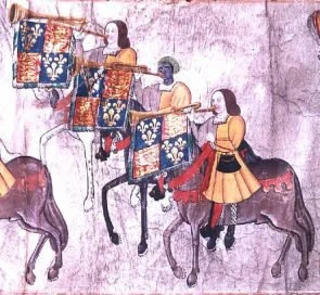 In center, black trumpeter John Blanke, at the Westminster Tournament Roll (1511). Image from United Kingdom National Archives.