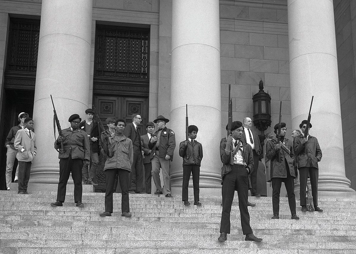 Members of the Black Panther Party on the steps of the Washington State Capitol building in Olympia on February 28, 1969