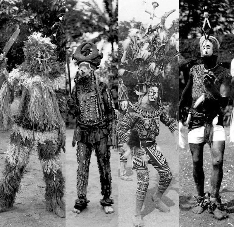 Masquerades from different cultural regions of the Igbo area photographed by G. I. Jones in the 1930s.