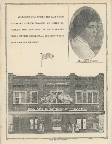This page from the 1921 Booker T. Washington yearbook was a tribute to Loula Williams. The image depicts a portrait of Loula above an image of one of her family's businesses, Williams' Dreamland Theatre, which the top floor served as the Alexander Ho