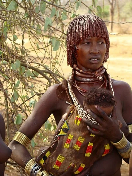A Himba woman from northwestern Namibia with micro braids sculpted with otjize paste. Sourced from Kwekudee.