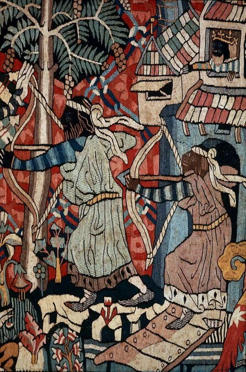 A detail from the medieval German tapestry known as "The Wild Men and the Moors". 1440. 