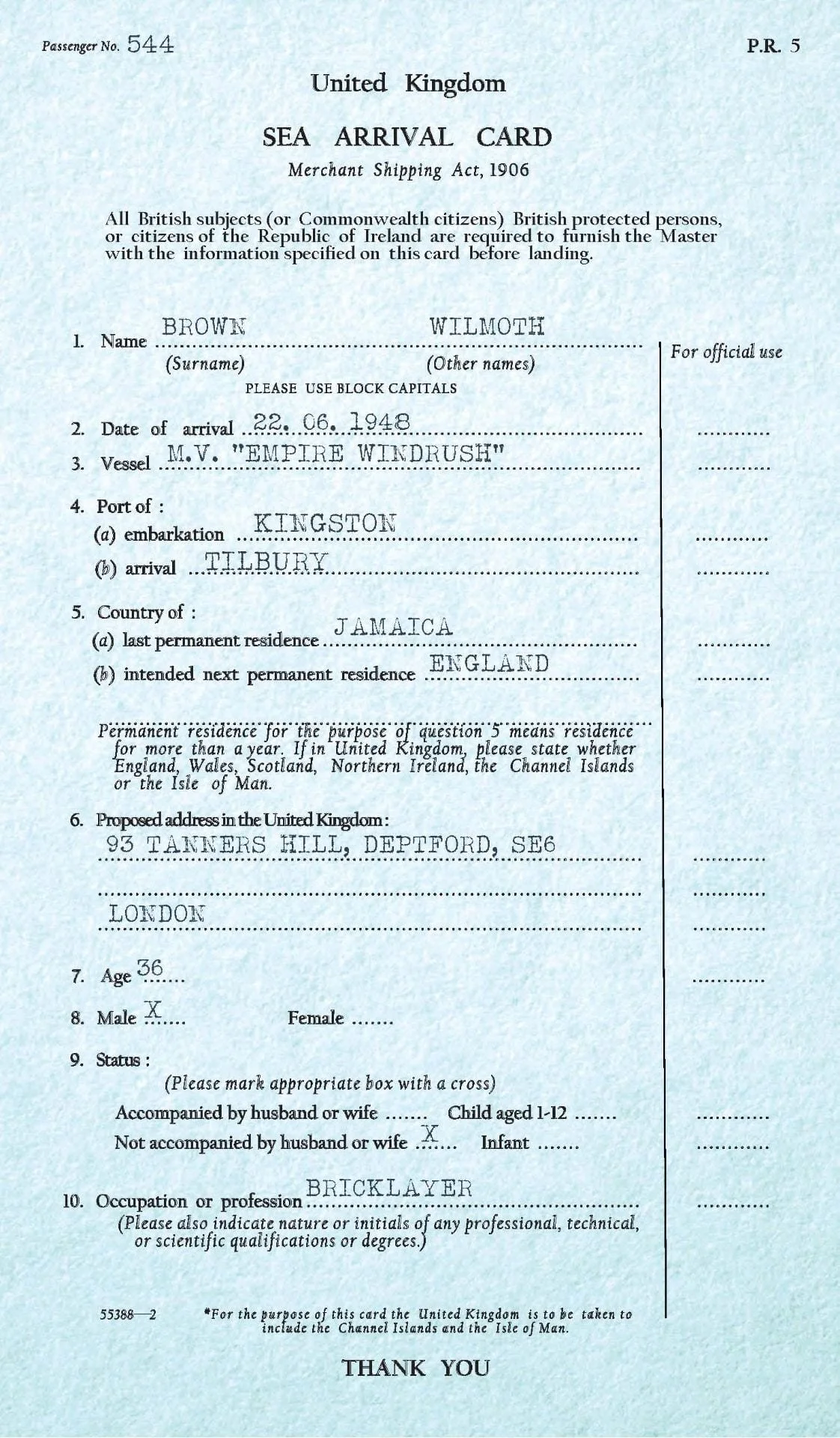 Windrush: Arrival and Settlement, Landing Cards. Goldsmiths University of London. 