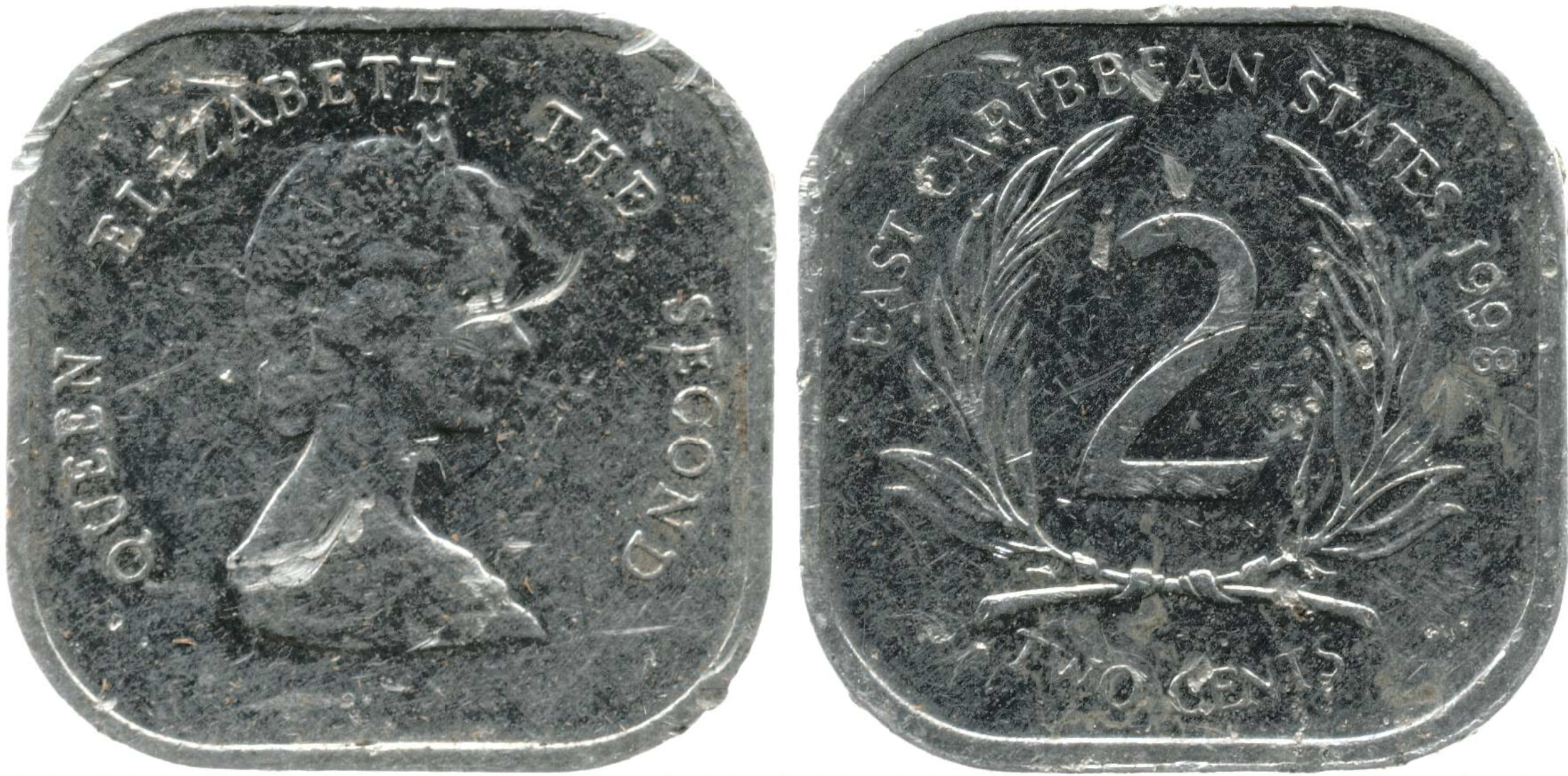 2 Cents Coin, East Caribbean States. 1994. Aluminium; Weight 1.02 grammes. Issued in the Caribbean (East Caribbean States); produced for the British Caribbean Territories, Eastern Group (historic), recorded as East Caribbean States. This aluminium tw