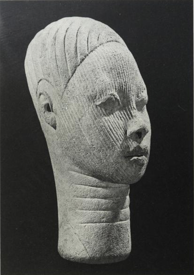Terracotta human head of young woman with ridged hairstyle. P.56. from Two thousand years, Nigerian art (1977).