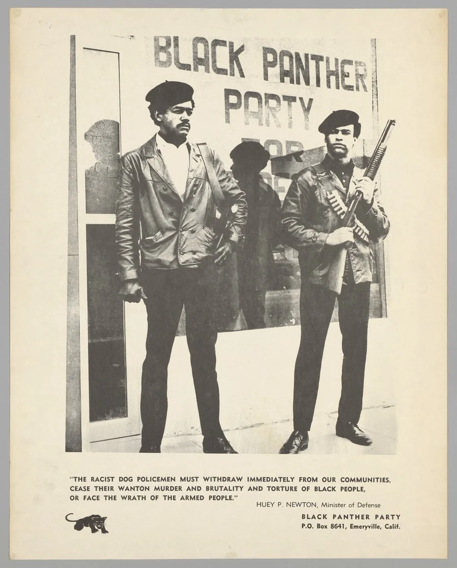 Black and white poster of Huey Newton and Bobby Seale. Black Panther Party, American, 1966. Collection of the Smithsonian National Museum of African American History and Culture.