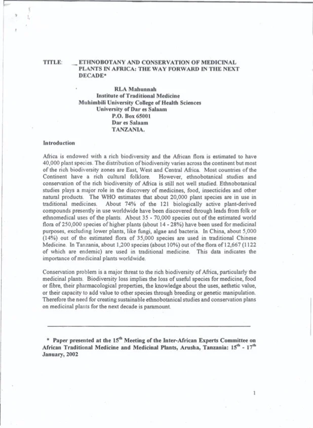 Ethnobotany and Conservation of Medicinal Plants in Africa: The Way Forward in the Next Decade by RLA Mahunnah