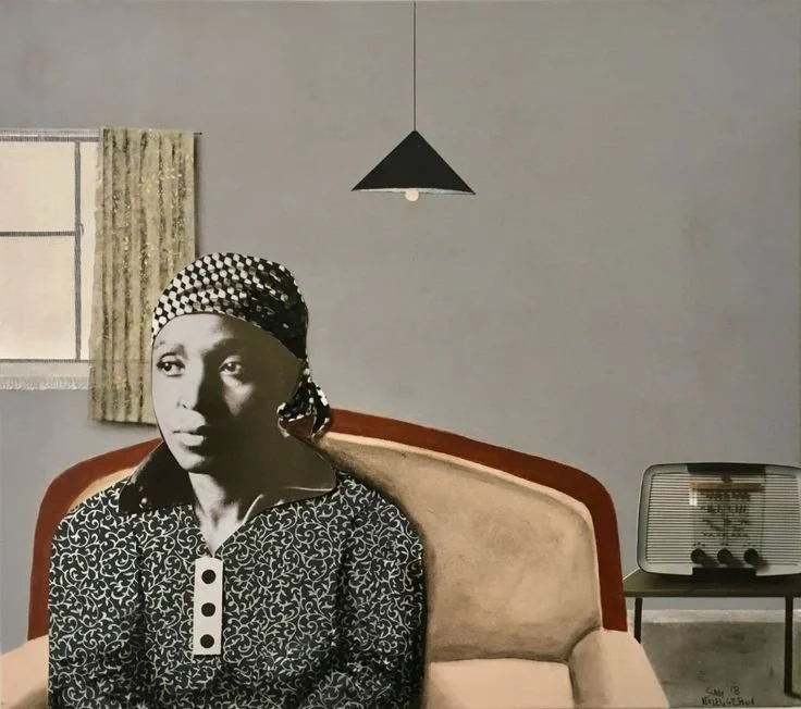 Nhlengethwa, Sam. (2018). Winnie waiting for Madibe [Mixed media on canvas]. 