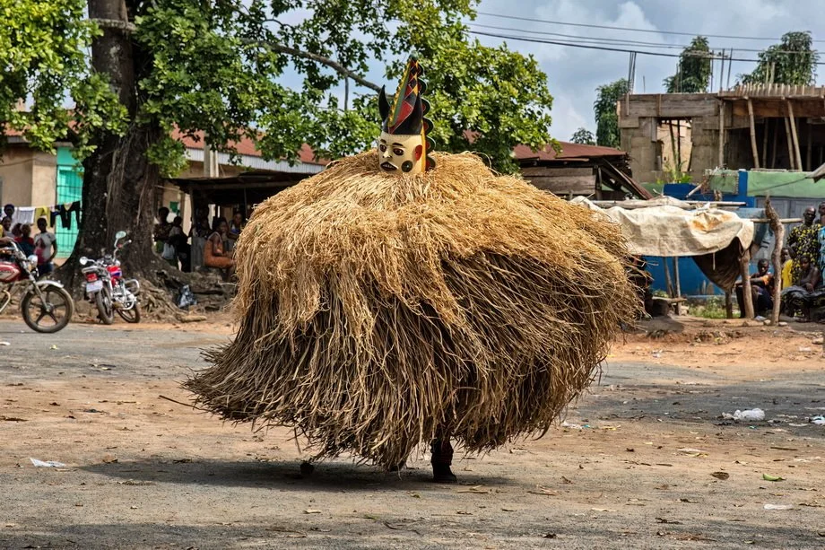 Igbo masquerade performer in raffia costume, Nigeria. 101 Last Tribes. (n.d.). Igbo masquerade performer in raffia costume [Photograph]. https://www.101lasttribes.com/tribes/igbo.html