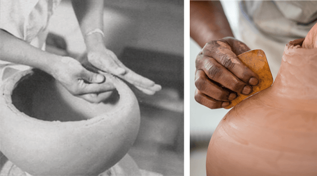 Magdalene Odundo’s hand-building method Photo: Stephen Brayne
Right: The artist's smoothing method © Ben Boswell