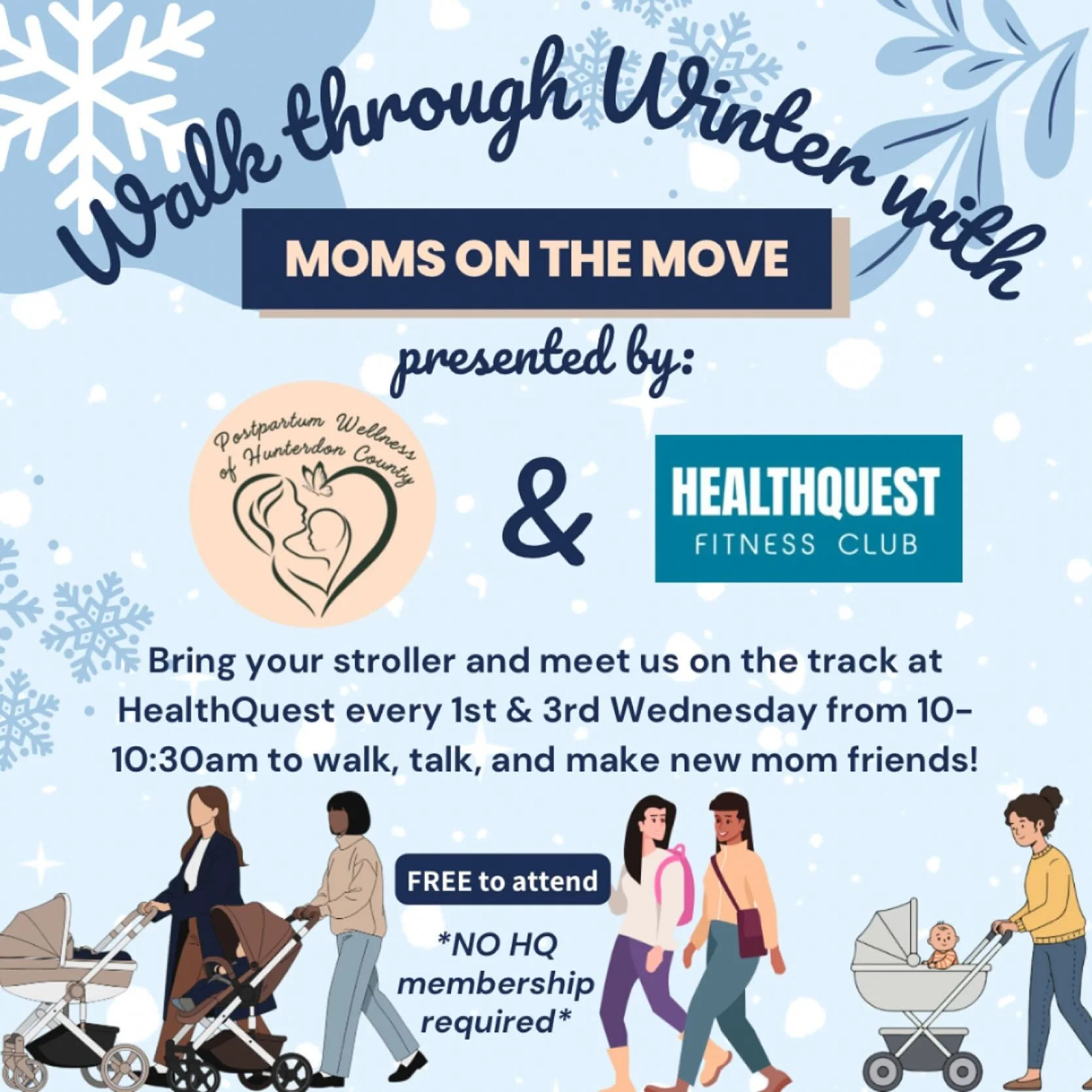 🌨️ Walk Through Winter With Us! ❄️
Don&rsquo;t let the cold keep you in &mdash; join our Moms on the Move walks on the indoor track at HealthQuest! Stay warm, get moving, and connect with other moms while we walk together through the winter season.
