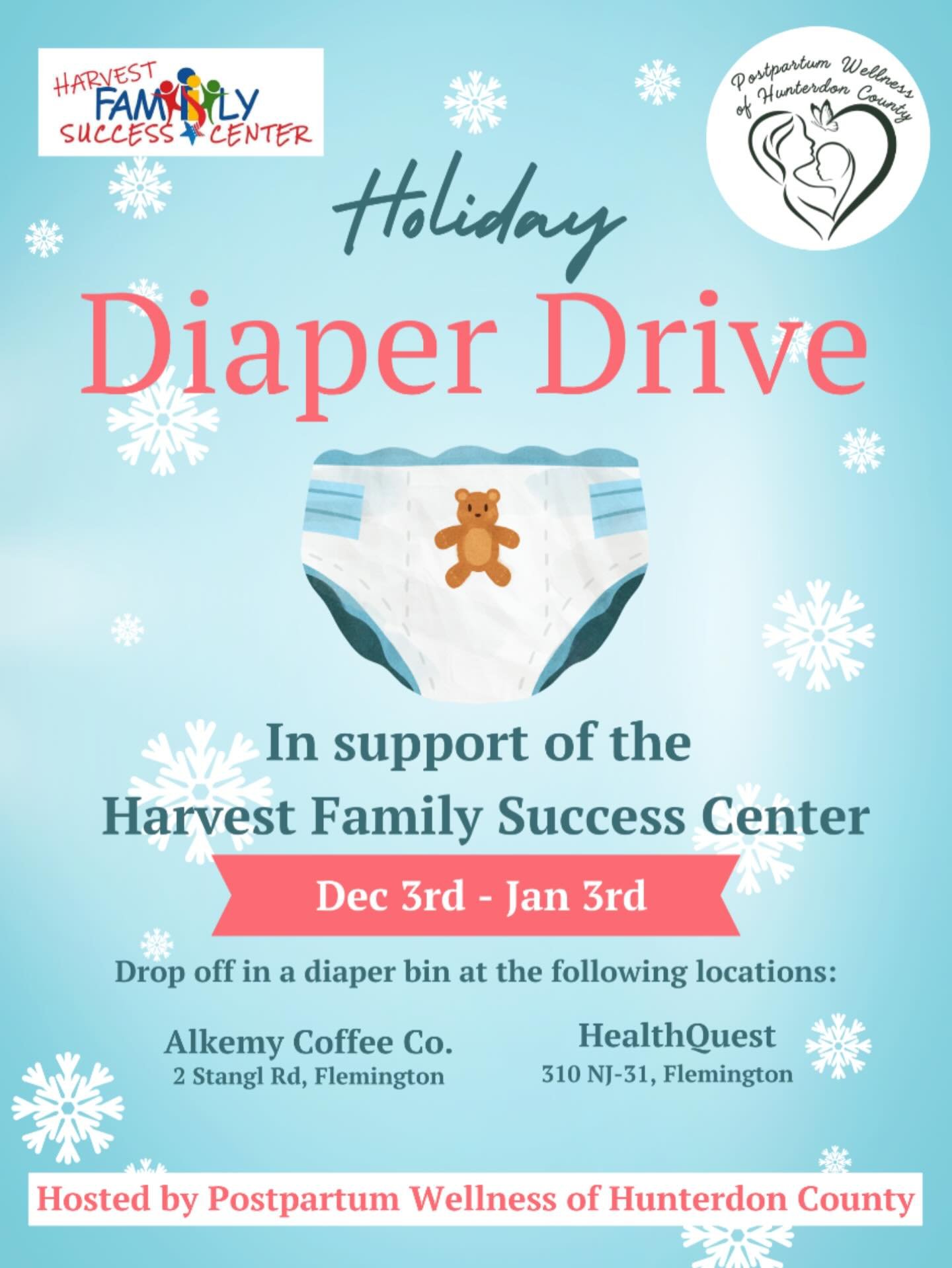 🎁 Holiday Diaper Drive Alert! 🎁

We&rsquo;re excited to partner with Harvest Family Success Center to support local families in need this season. From December 3rd through January 3rd, Postpartum Wellness of Hunterdon County will be collecting diap