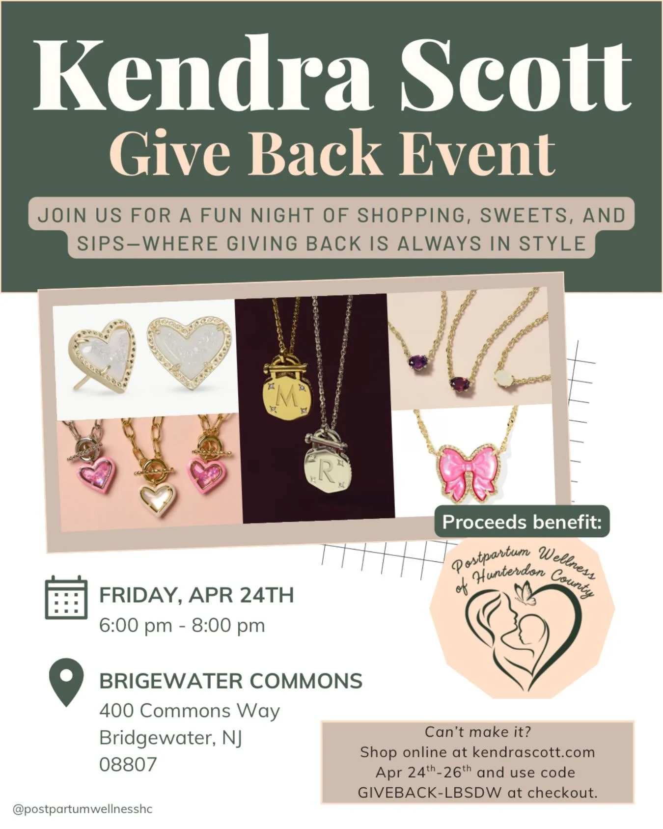 SAVE THE DATE!

Join us for a sweet night of shopping with Kendra Scott ✨

Enjoy drinks, treats, and gorgeous jewelry&mdash;plus a portion of proceeds will support Postpartum Wellness of Hunterdon County and the moms we serve 💛

📅 April 24th
⏰  6-8