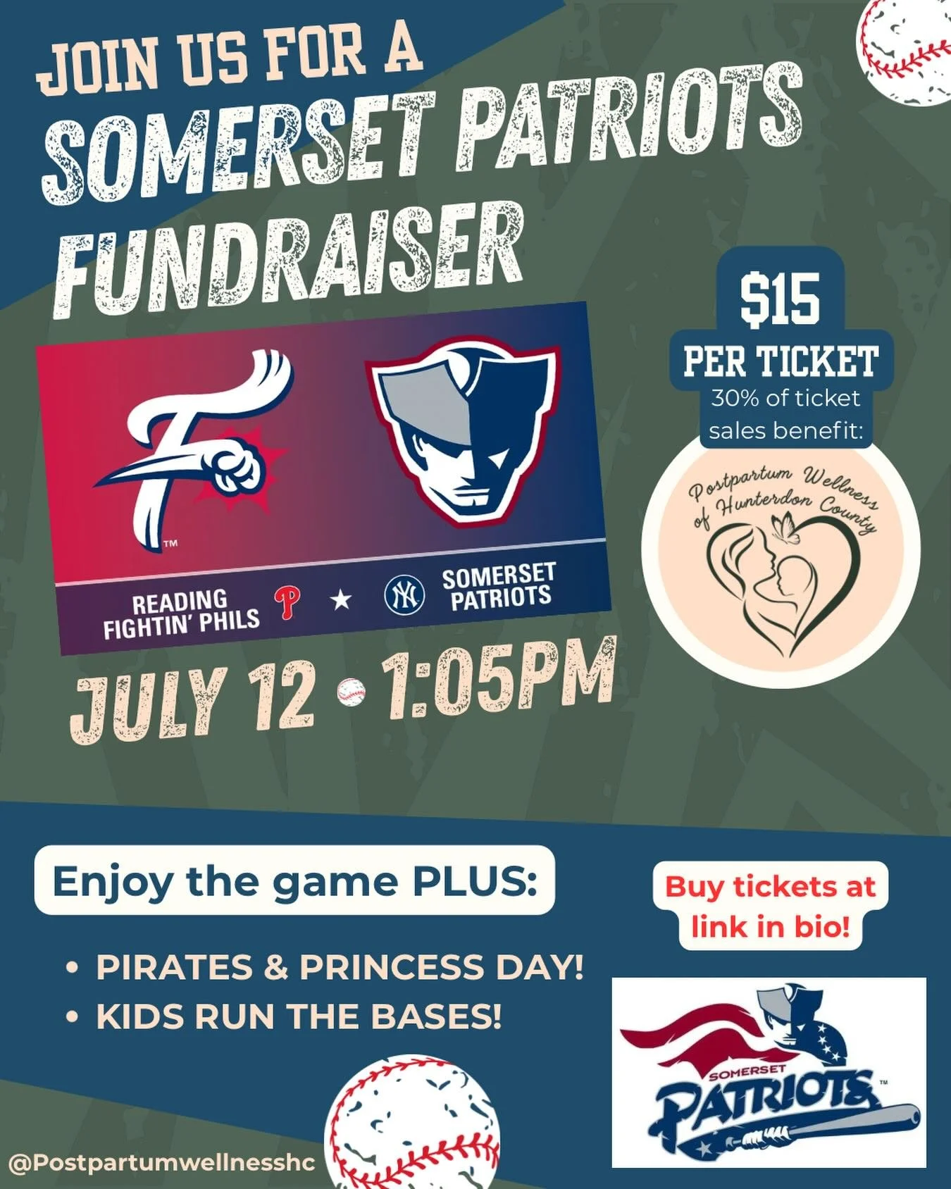 ⚾️ Join us for a fun-filled afternoon at the ballpark! ⚾️

Come support Postpartum Wellness of Hunterdon County at our Somerset Patriots fundraiser game on Sunday, July 12 at 1:05 PM as the Somerset Patriots take on the Reading Fightin&rsquo; Phils!

