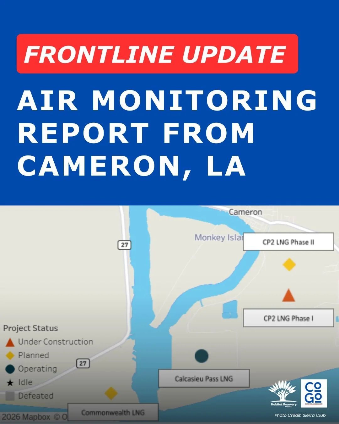 Communities need to know what they're breathing in.

Environmental Health Project and Habitat Recovery Project are collaborating on an air monitoring project to monitor the air around the LNG facility in Cameron, LA. 

This is the first of several re