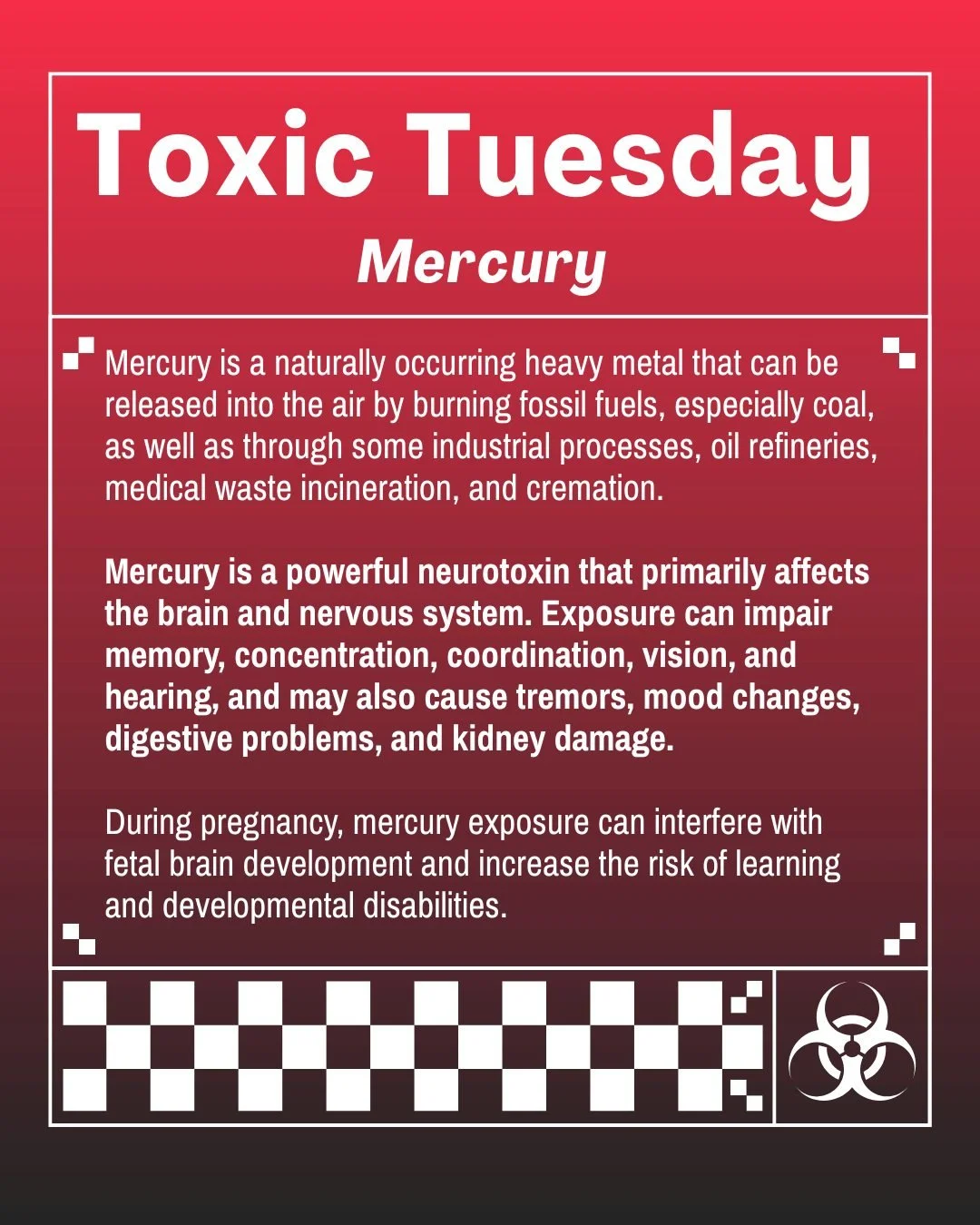 This #ToxicTuesday, we're taking a closer look at mercury, a powerful neurotoxin that can be released into the air by burning fossil fuels and through certain industrial processes. Once released, #mercury can travel long distances, contaminate our ai
