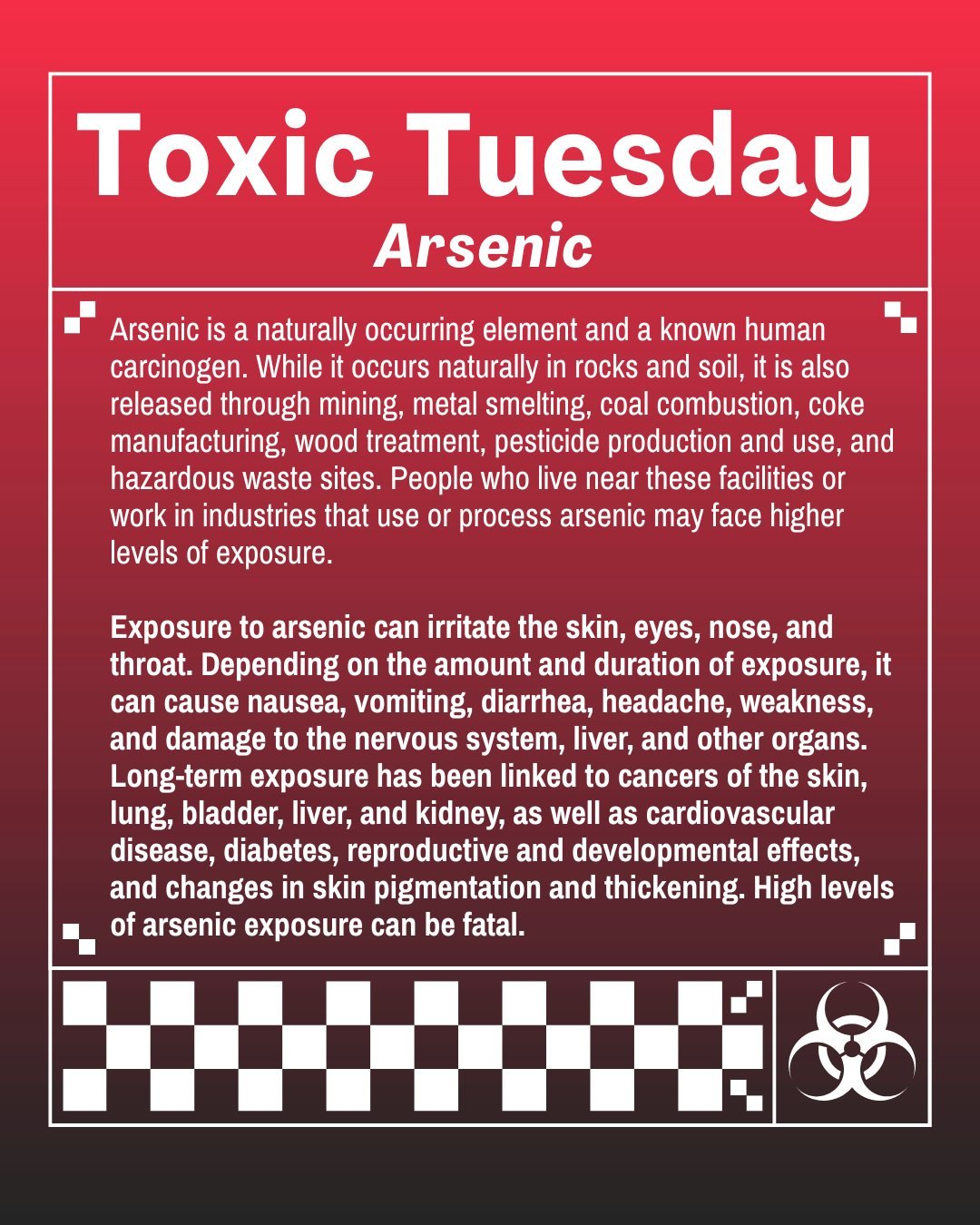For this #ToxicTuesday, we're highlighting arsenic, a naturally occurring element and known human carcinogen. While #arsenic occurs naturally in the environment, it can also be released into the air through activities like coal combustion, metal smel