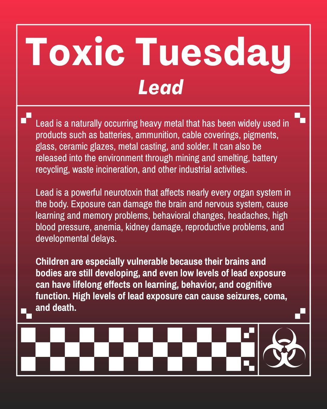 This #ToxicTuesday, we're highlighting lead, a powerful neurotoxin that has been used for decades in products like paint, gasoline, pipes, and batteries. While many uses have been phased out or restricted, #lead is still released into the environment
