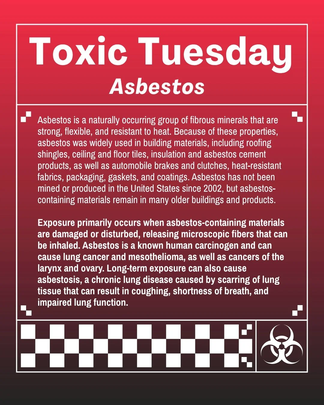 This #ToxicTuesday, we're highlighting asbestos, a group of fibrous minerals once widely used in building materials that can cause lung cancer, mesothelioma, and other serious diseases.

For decades, vermiculite was mined near Libby, Montana, from a 