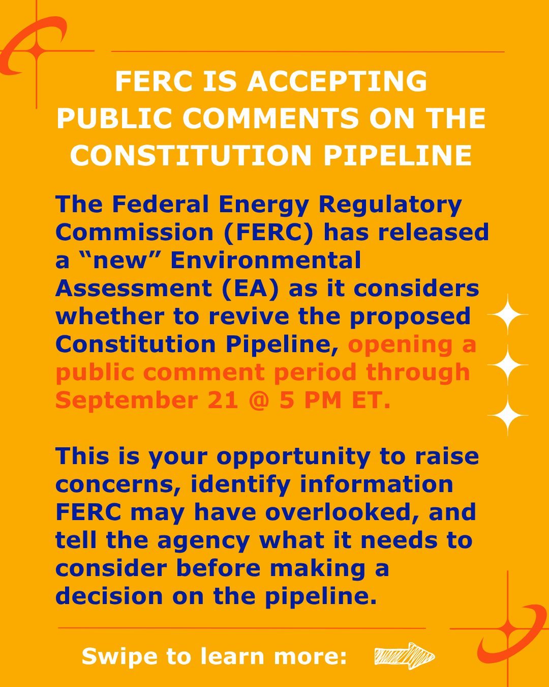 FERC has released its Environmental Assessment for the proposed #ConstitutionPipeline, opening a public comment period through September 21. This is your opportunity to tell FERC what it needs to consider before making a decision on the pipeline and 