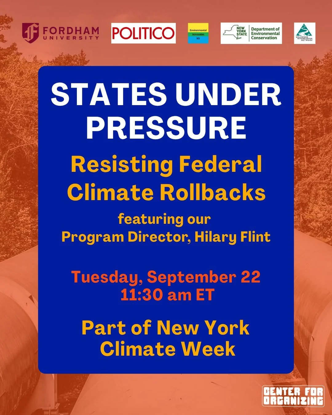 Our Program Director, Hilary Flint, will be speaking during #NYCClimateWeek at the State and Local Climate Policy Symposium hosted by Environmental Advocates NY, Fordham University, and POLITICO.

Join us on September 22 at 11:30 AM ET for States Und