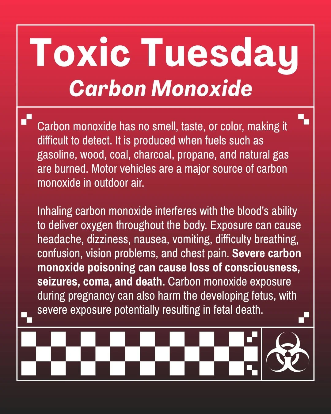 For this #ToxicTuesday, we&rsquo;re taking a closer look at carbon monoxide, an air pollutant you can&rsquo;t see, smell, or taste.

Gas-powered vehicles release carbon monoxide through their exhaust. Under the Clean Air Act, the Environmental Protec