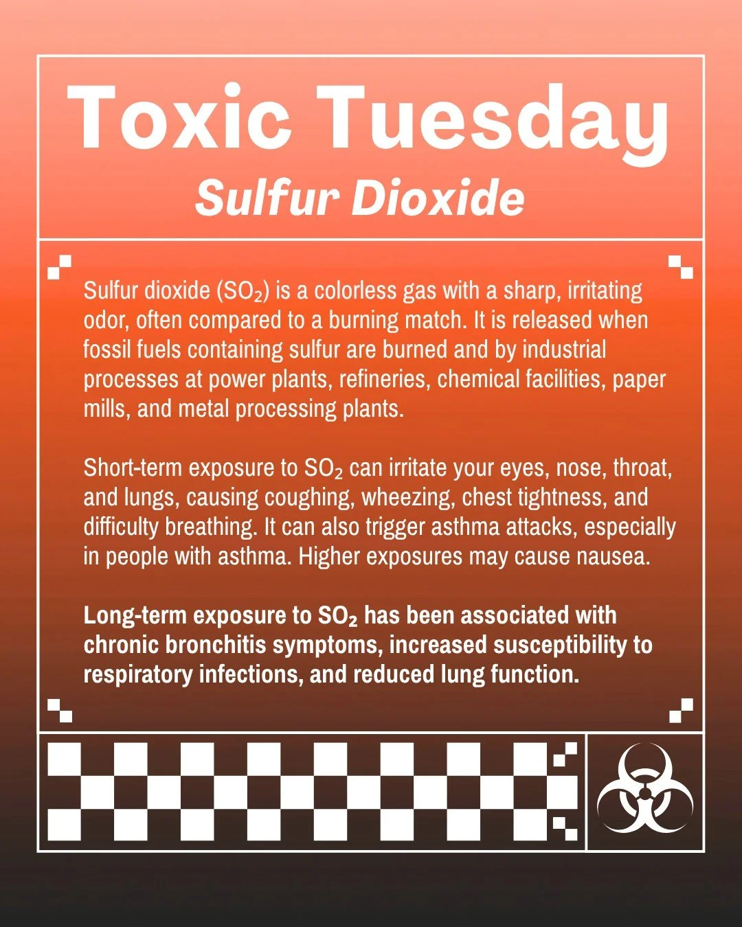 For this #ToxicTuesday, we&rsquo;re taking a closer look at sulfur dioxide (SO₂), a toxic air pollutant that can irritate the lungs, make breathing difficult, and trigger asthma attacks.

Before it closed in 2019, the South Philadelphia Refinery was 